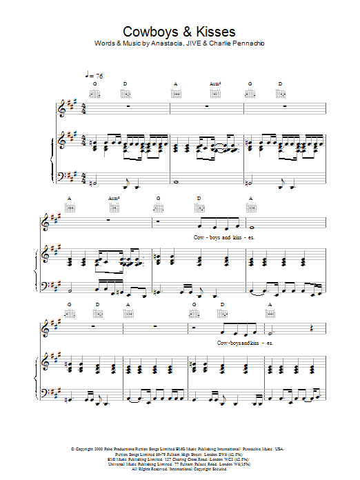 Cowboys & Kisses (Piano, Vocal & Guitar Chords) von Anastacia