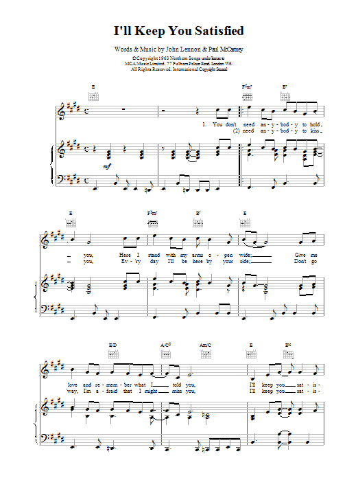 I'll Keep You Satisfied (Piano, Vocal & Guitar Chords) von Billy J. Kramer