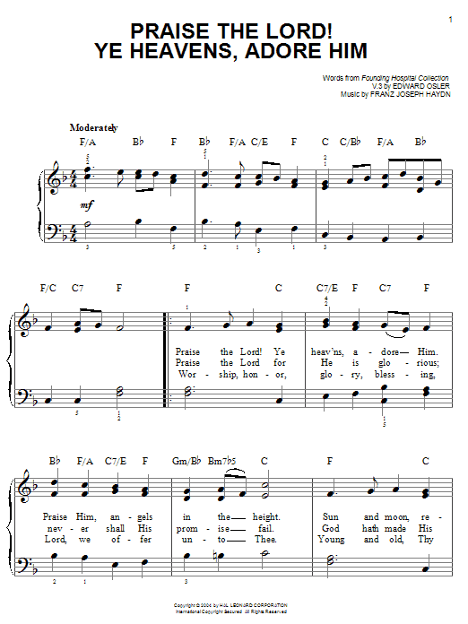 Praise The Lord! Ye Heavens, Adore Him (Easy Piano) von Franz Joseph Haydn