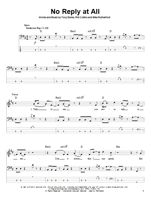 No Reply At All (Bass Guitar Tab) von Genesis