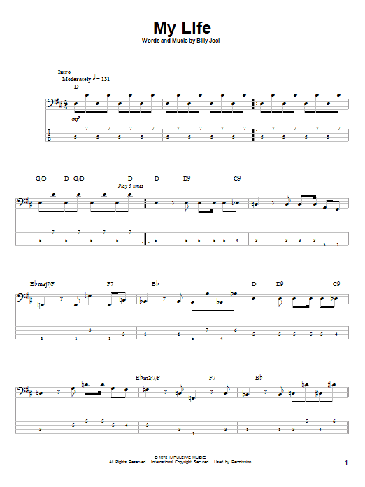 My Life (Bass Guitar Tab) von Billy Joel
