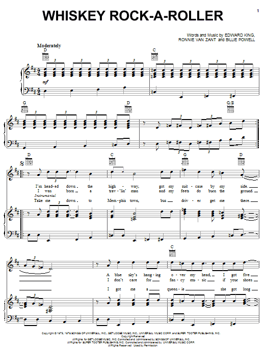 Whiskey Rock-A-Roller (Piano, Vocal & Guitar Chords (Right-Hand Melody)) von Lynyrd Skynyrd