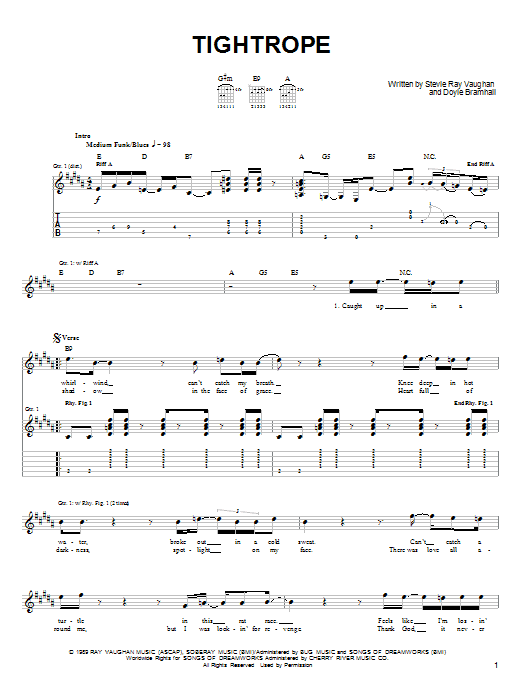 Tightrope (Easy Guitar Tab) von Stevie Ray Vaughan