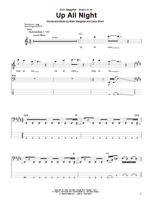 Up All Night (Bass Guitar Tab) von Slaughter