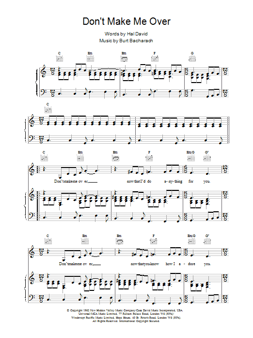 Don't Make Me Over (Piano, Vocal & Guitar Chords) von Burt Bacharach