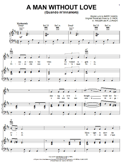A Man Without Love (Quando M'Innamoro) (Piano, Vocal & Guitar Chords (Right-Hand Melody)) von Engelbert Humperdinck