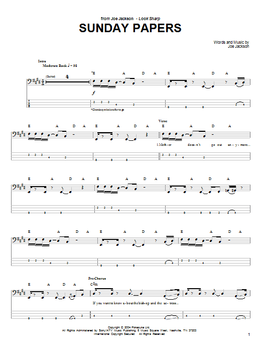 Sunday Papers (Bass Guitar Tab) von Joe Jackson