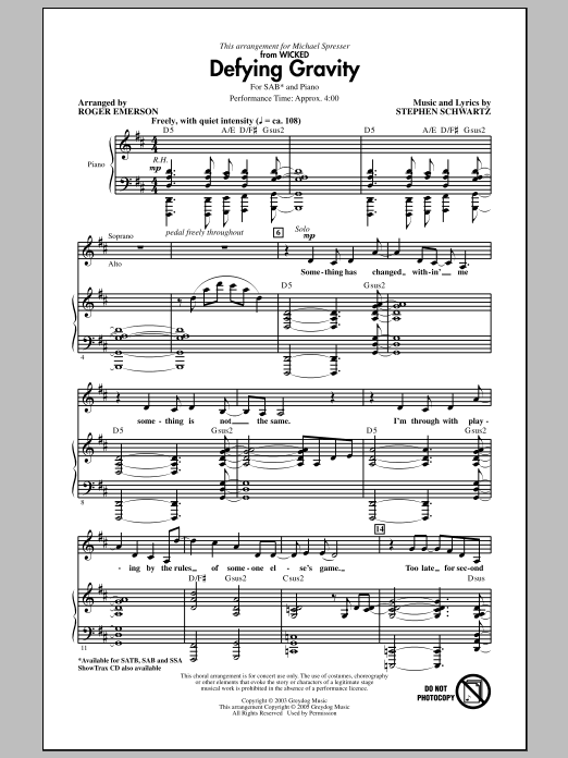 Defying Gravity (from Wicked) (arr. Roger Emerson) (SAB Choir) von Stephen Schwartz