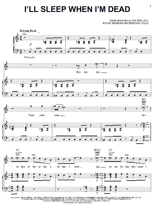 I'll Sleep When I'm Dead (Piano, Vocal & Guitar Chords (Right-Hand Melody)) von Bon Jovi