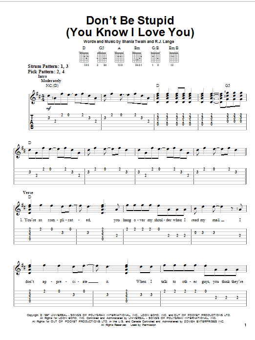 Don't Be Stupid (You Know I Love You) (Easy Guitar Tab) von Shania Twain