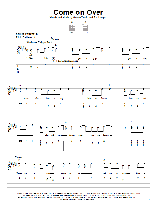 Come On Over (Easy Guitar Tab) von Shania Twain