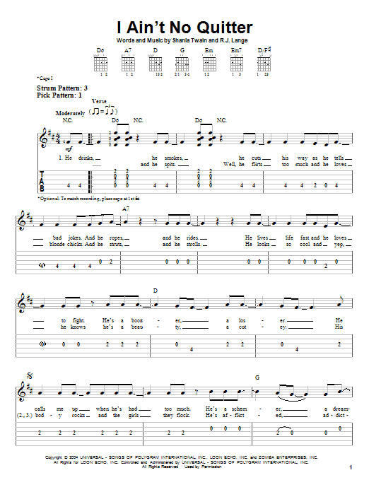 I Ain't No Quitter (Easy Guitar Tab) von Shania Twain