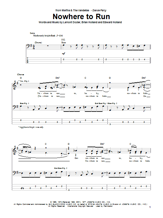 Nowhere To Run (Bass Guitar Tab) von Martha & The Vandellas