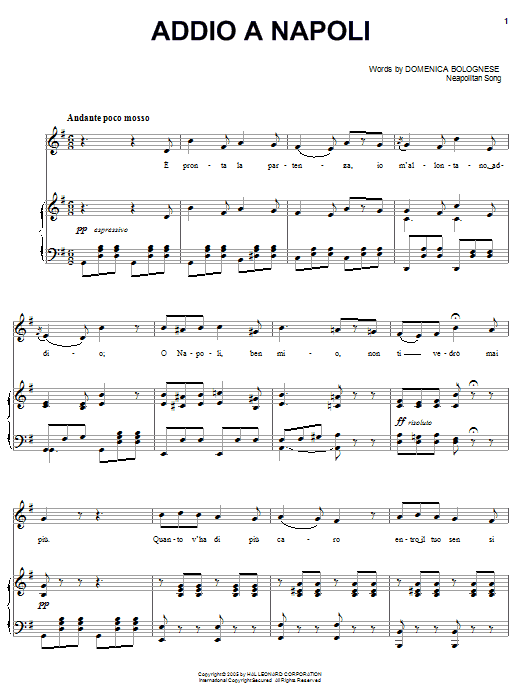 Addio a Napoli (Piano, Vocal & Guitar Chords (Right-Hand Melody)) von Domenico Bolognese