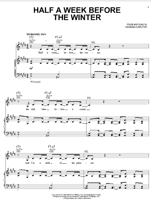 Half A Week Before The Winter (Piano, Vocal & Guitar Chords (Right-Hand Melody)) von Vanessa Carlton