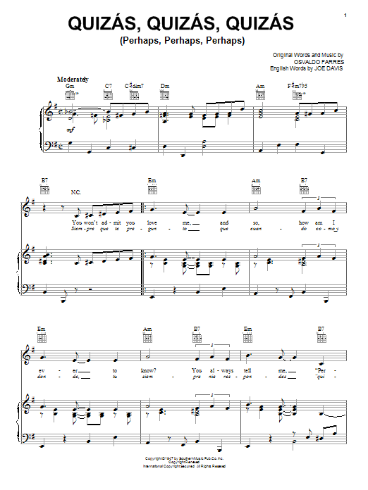 Quizas, Quizas, Quizas (Perhaps, Perhaps, Perhaps) (Piano, Vocal & Guitar Chords (Right-Hand Melody)) von Osvaldo Farres