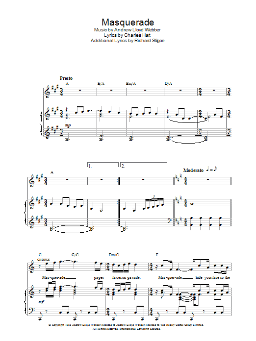 Masquerade (from The Phantom Of The Opera) (Piano, Vocal & Guitar Chords) von Andrew Lloyd Webber
