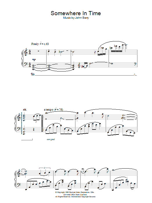 Somewhere In Time (Piano Solo) von John Barry