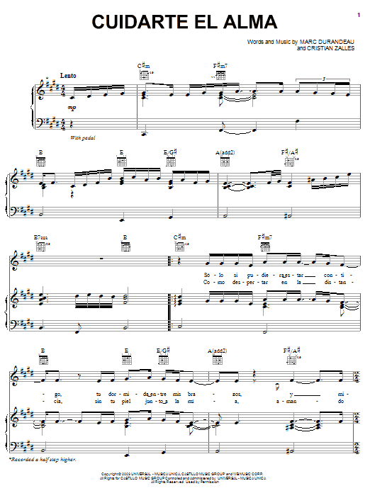 Cuidarte El Alma (Piano, Vocal & Guitar Chords (Right-Hand Melody)) von Chayanne