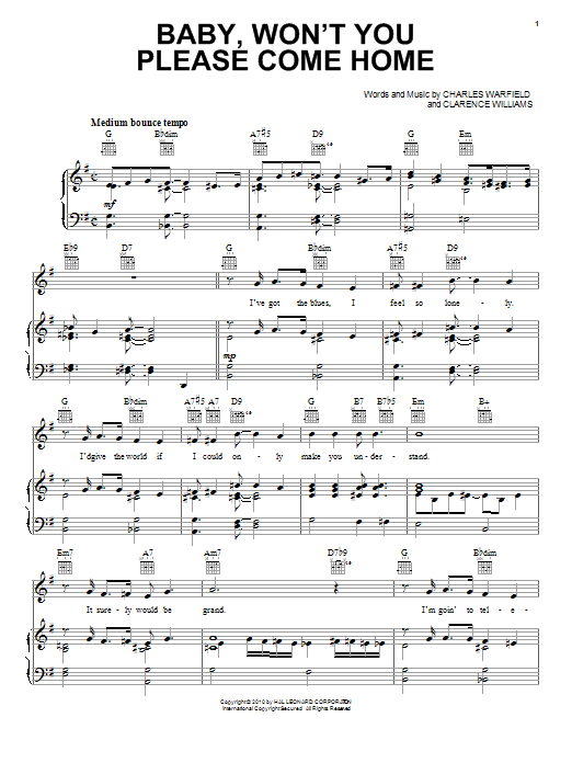 Baby, Won't You Please Come Home (Piano, Vocal & Guitar Chords (Right-Hand Melody)) von Bessie Smith