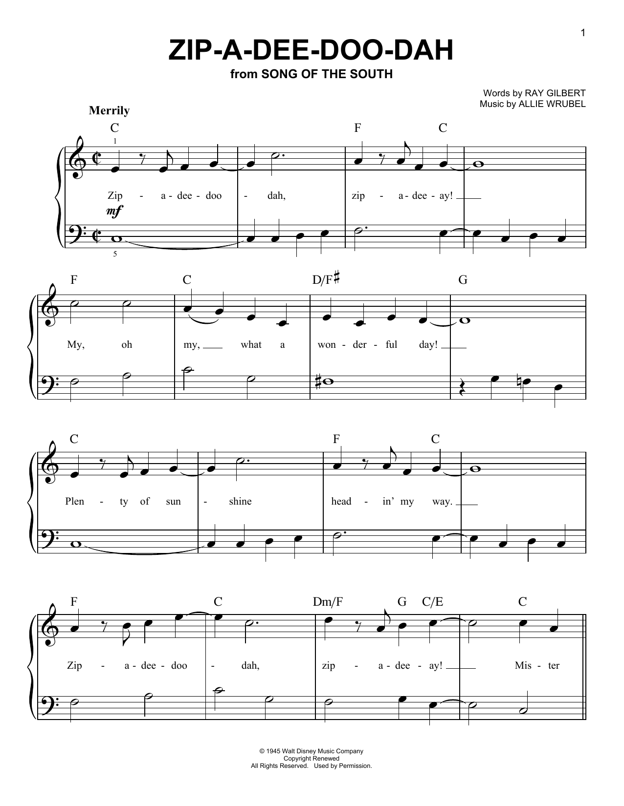 Zip-A-Dee-Doo-Dah (from Song Of The South) (Easy Piano) von James Baskett