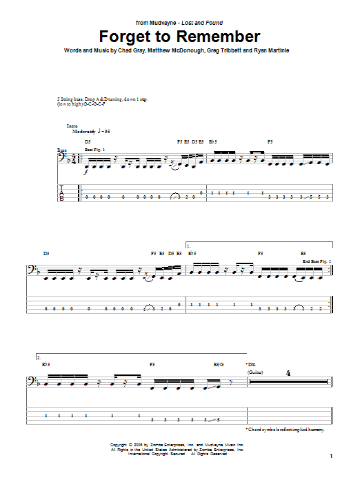 Forget To Remember (Bass Guitar Tab) von Mudvayne