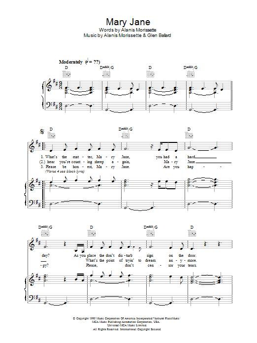 Mary Jane (Piano, Vocal & Guitar Chords) von Alanis Morissette