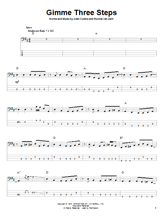 Gimme Three Steps (Bass Guitar Tab) von Lynyrd Skynyrd
