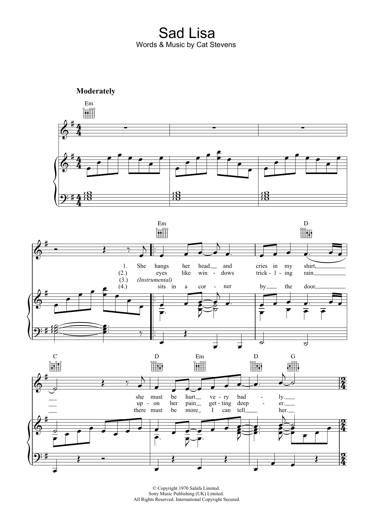 Sad Lisa (Piano, Vocal & Guitar Chords) von Cat Stevens