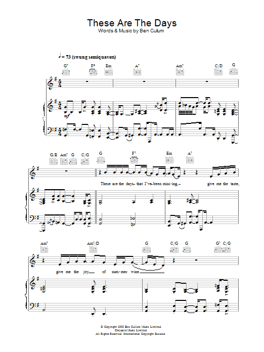 These Are The Days (Piano, Vocal & Guitar Chords) von Jamie Cullum