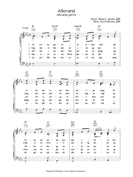 Aftenvind - Afsvales Gerne (Piano, Vocal & Guitar Chords) von Rene A. Jensen