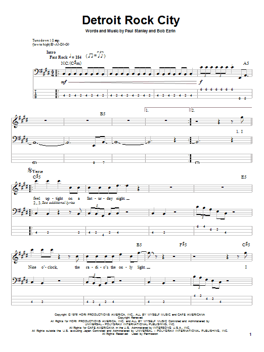 Detroit Rock City (Bass Guitar Tab) von KISS