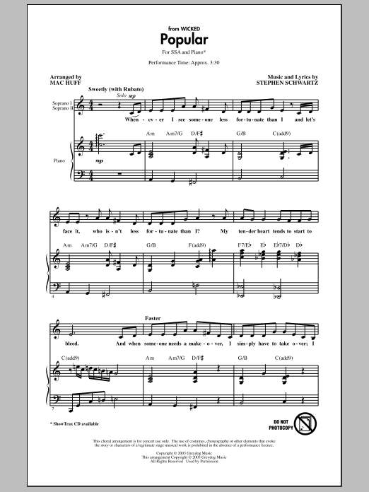 Popular (from Wicked) (arr. Mac Huff) (SSA Choir) von Stephen Schwartz