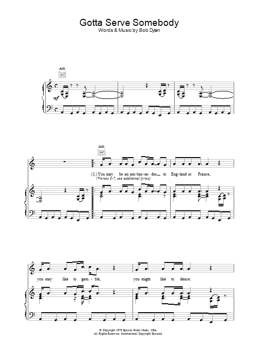 Gotta Serve Somebody (Piano, Vocal & Guitar Chords (Right-Hand Melody)) von Bob Dylan