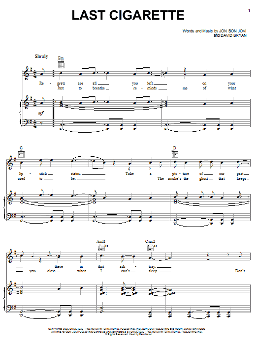 Last Cigarette (Piano, Vocal & Guitar Chords (Right-Hand Melody)) von Bon Jovi