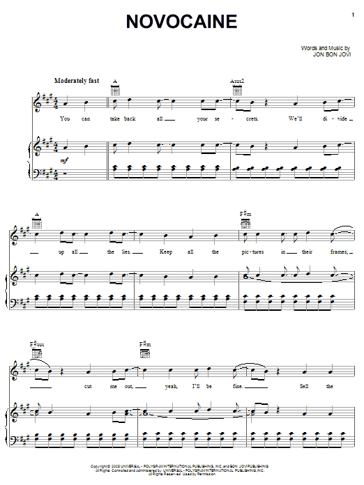Novocaine (Piano, Vocal & Guitar Chords (Right-Hand Melody)) von Bon Jovi