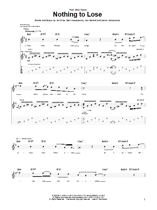 Nothing To Lose (Guitar Tab) von Billy Talent