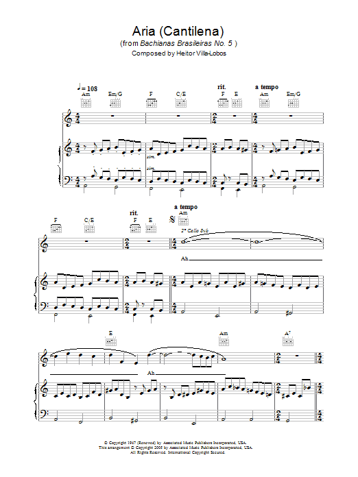 Aria (Cantilena) from Bachianas Brasileiras No. 5 (Piano, Vocal & Guitar Chords) von Hayley Westenra