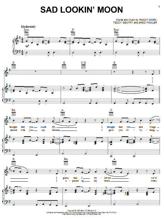 Sad Lookin' Moon (Piano, Vocal & Guitar Chords (Right-Hand Melody)) von Alabama