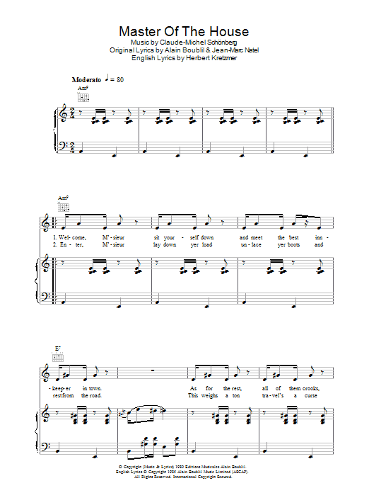 Master Of The House (Piano, Vocal & Guitar Chords) von Alain Boublil