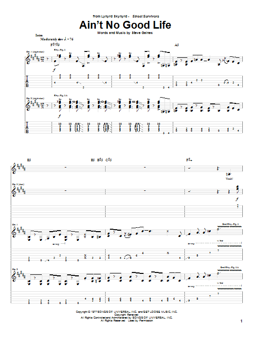 Ain't No Good Life (Guitar Tab) von Lynyrd Skynyrd