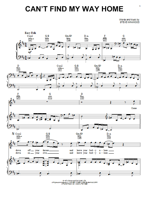 Can't Find My Way Home (Piano, Vocal & Guitar Chords (Right-Hand Melody)) von Joe Cocker