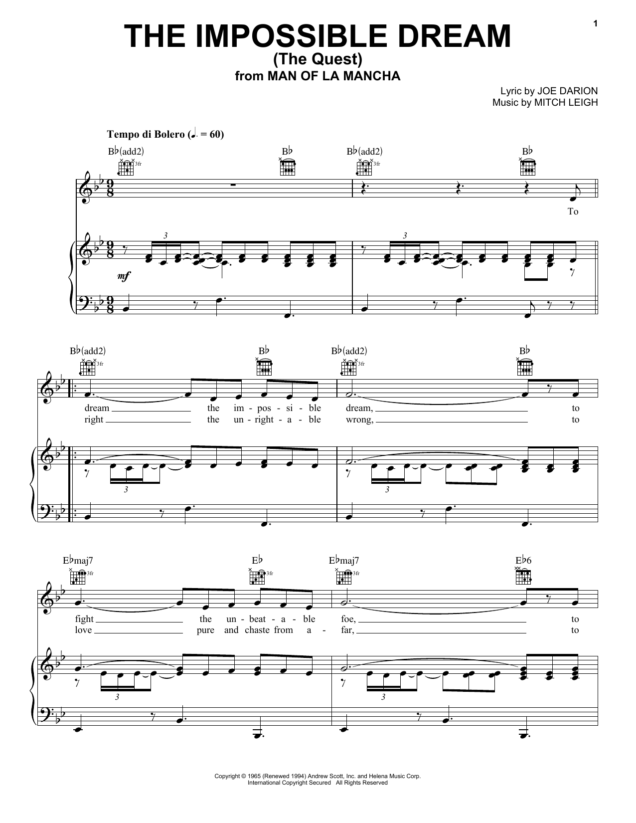 The Impossible Dream (The Quest) (Piano, Vocal & Guitar Chords (Right-Hand Melody)) von Joe Darion