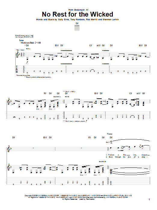 No Rest For The Wicked (Guitar Tab) von Godsmack