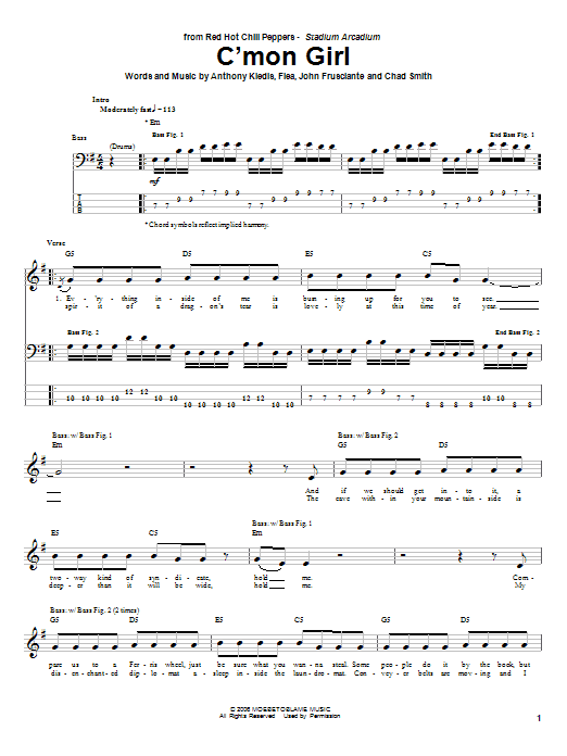 C'Mon Girl (Bass Guitar Tab) von Red Hot Chili Peppers