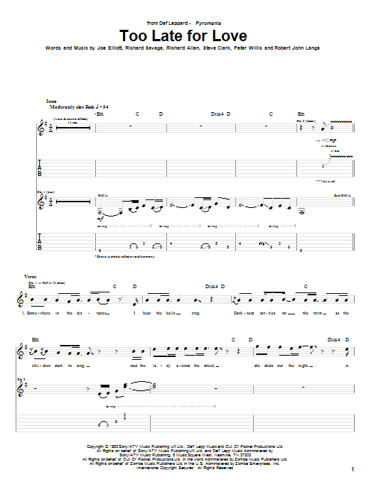 Too Late For Love (Guitar Tab) von Def Leppard