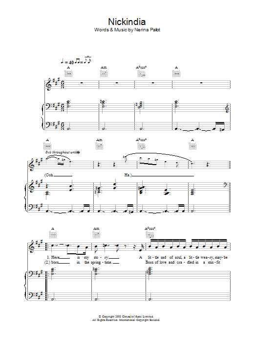 Nickindia (Piano, Vocal & Guitar Chords) von Nerina Pallot