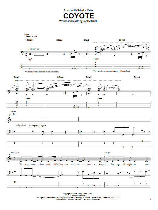 Coyote (Bass Guitar Tab) von Joni Mitchell