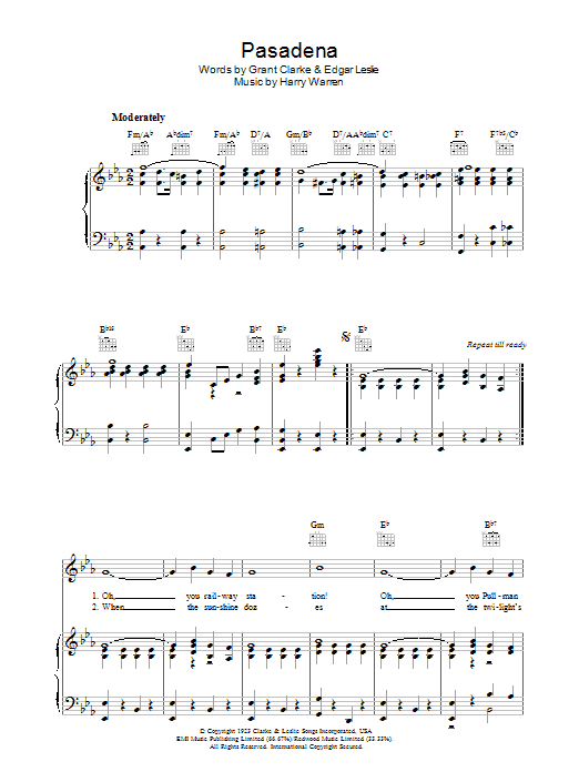 Pasadena (Piano, Vocal & Guitar Chords) von Harry Warren
