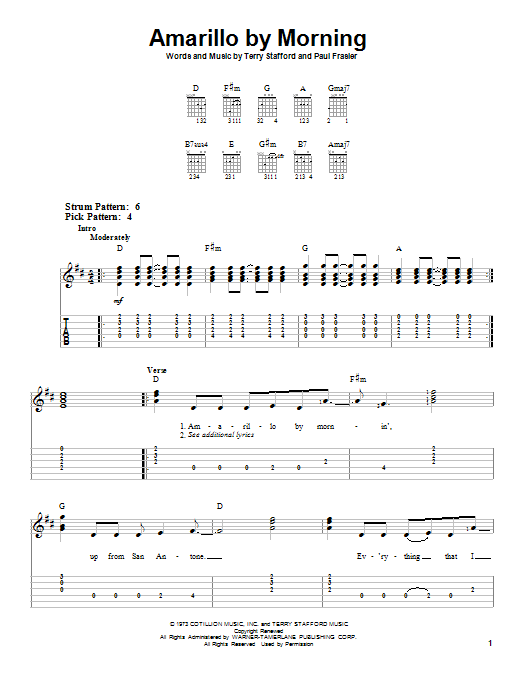 Amarillo By Morning (Easy Guitar Tab) von Terry Stafford